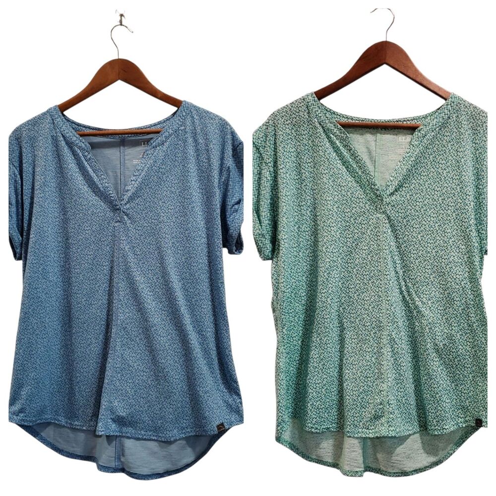 LL Bean Women Large Lot of 2 Streamside Splitneck Top TShirts 510118 Blue Green